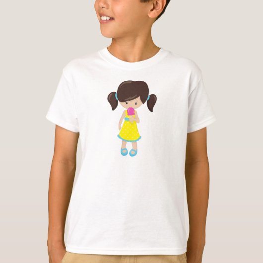 アイスクリームを付けた女の子、かわいい女の子、茶色の髪 Tシャツ (正面)