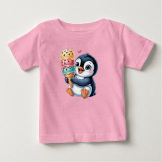 アイスクリームを持ったかわいいペンギンの子供Tシャツ ベビーTシャツ