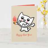 アイスクリームを持つ幸せな猫 カード (黄色い花)