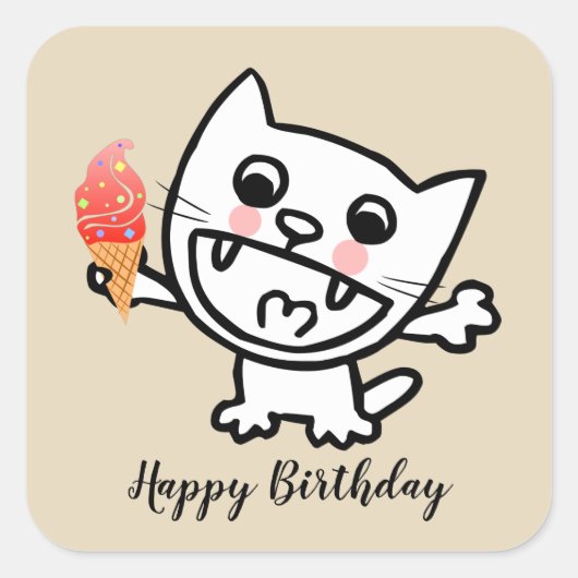 アイスクリームを食べたハッピーキャット スクエアシール (正面)
