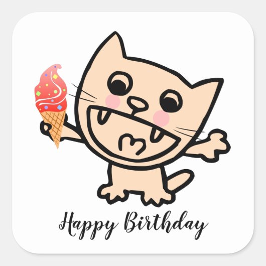 アイスクリームを食べたハッピーキャット スクエアシール (正面)