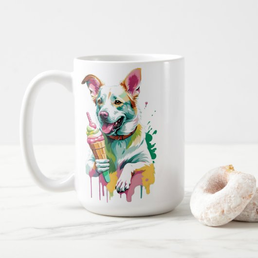 アイスクリームを食べる幸せな犬 コーヒーマグカップ (ドーナツ)