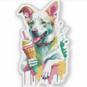 アイスクリームを食べる幸せな犬 シール (正面)