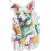 アイスクリームを食べる幸せな犬 シール (正面)