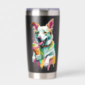 アイスクリームを食べる幸せな犬 保温保冷タンブラー (正面)