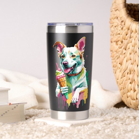 アイスクリームを食べる幸せな犬 保温保冷タンブラー (リビング (回転後))