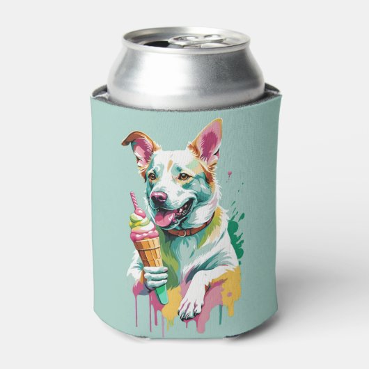 アイスクリームを食べる幸せな犬 缶クーラー (缶正面)