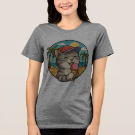 アイスクリームを食べる笑顔の猫 – かわいい夏のステッカー トライブレンドTシャツ