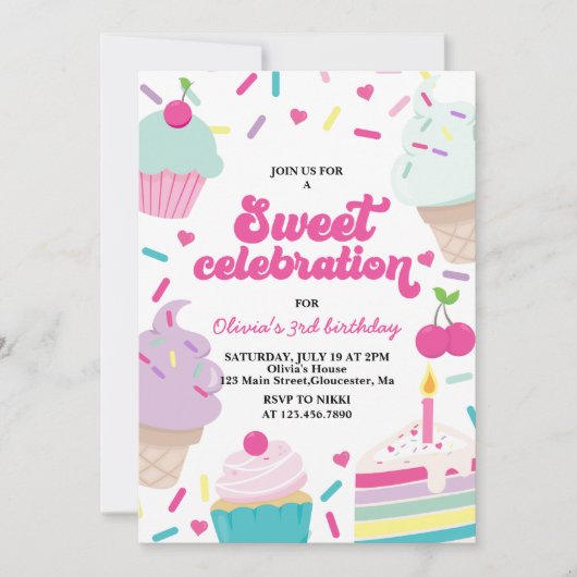 アイスクリームアンドケーキスイーツお祝い誕生日 招待状 (正面)