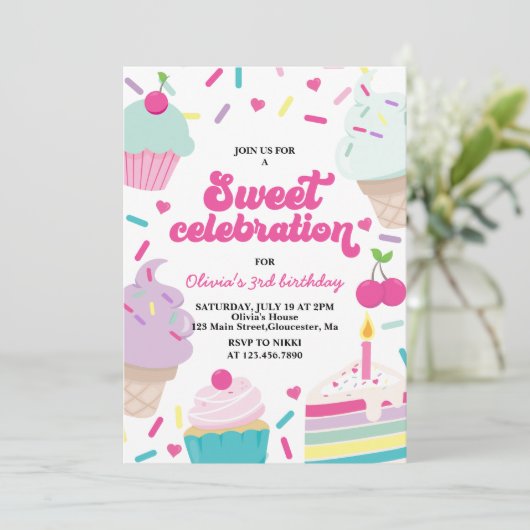 アイスクリームアンドケーキスイーツお祝い誕生日 招待状 (スタンド正面)