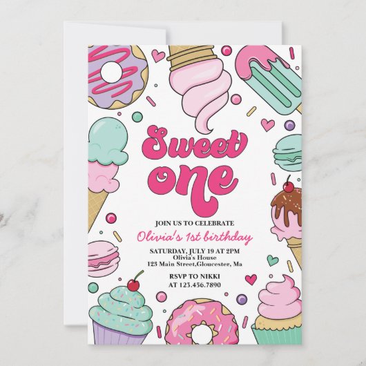 アイスクリームアンドケーキスウィートワン誕生日 招待状 (正面)
