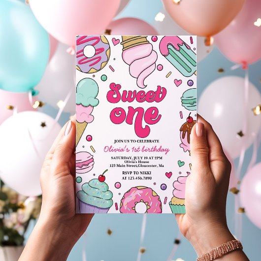 アイスクリームアンドケーキスウィートワン誕生日 招待状