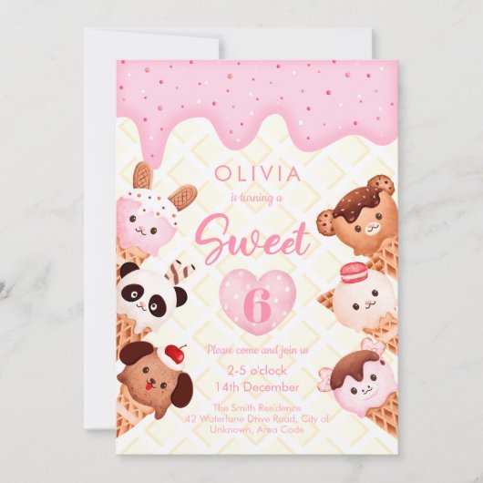 アイスクリームアンドスイーツピンクガールキッド誕生日 招待状 (正面)