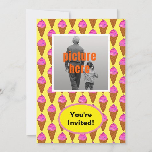 アイスクリームイエローピンクブラウンバースデーパーティーイベント 招待状 (正面)