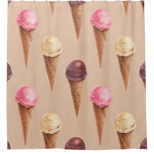 アイスクリームウォーターカラーシームレスイラストレーション シャワーカーテン (正面)