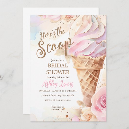 アイスクリームウォーターカラーフローラアイスクリームコーン 招待状 (正面/裏面)