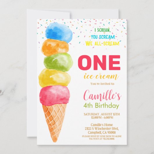 アイスクリームエイジングガールバースデーパーティーの招待 招待状 (正面)