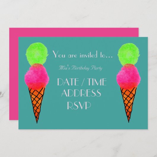 アイスクリームカラフルガールズ誕生日パーティー 招待状 (正面/裏面)