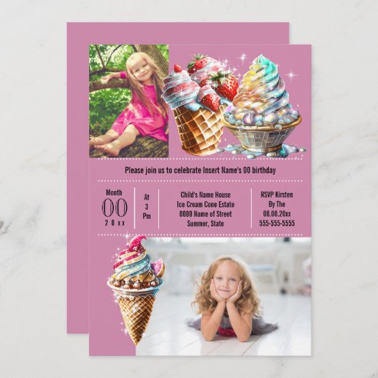 アイスクリームキャンディーサマーDIYフォトキッズパープル 招待状 (正面/裏面)
