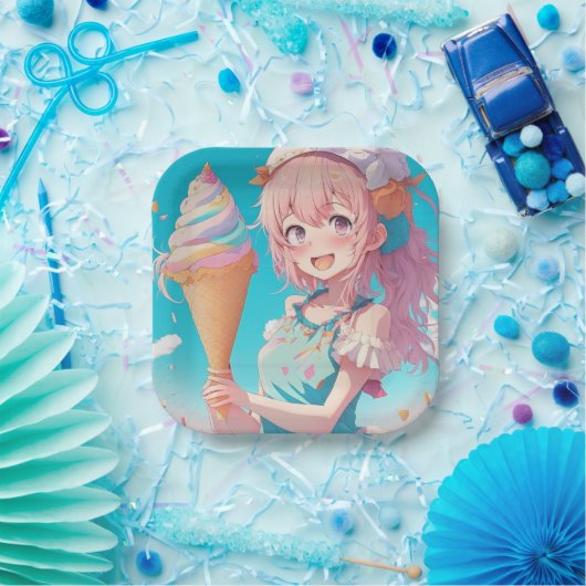アイスクリームコお洒落ーン付きアニメガール誕生日 ペーパープレート (パーティー)