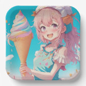 アイスクリームコお洒落ーン付きアニメガール誕生日 ペーパープレート (正面)