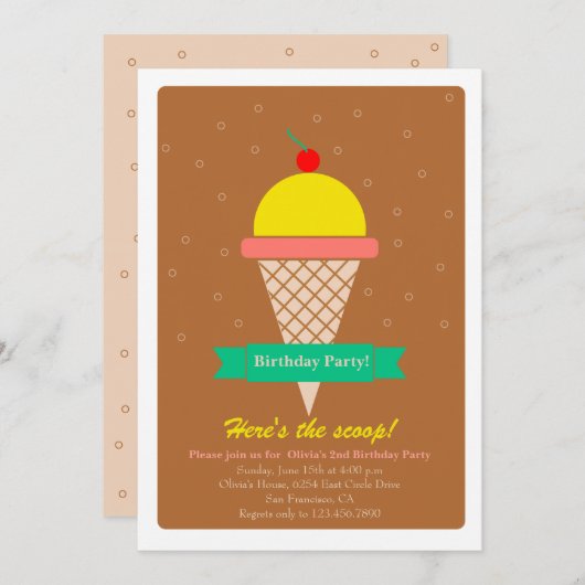 アイスクリームコーンとリボン – 誕生日パーティー招待状 招待状 (正面/裏面)