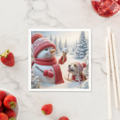 アイスクリームコーンと犬を備えた雪だるま スタンダードカクテルナプキン (インサイチュ)