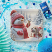 アイスクリームコーンと犬を備えた雪だるま ペーパープレート (パーティー)