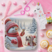 アイスクリームコーンと犬を備えた雪だるま ペーパープレート (パーティー)