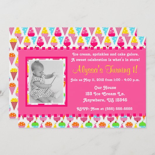 アイスクリームコーンのピンクの女の子の写真の誕生日の招待状 招待状 (正面/裏面)