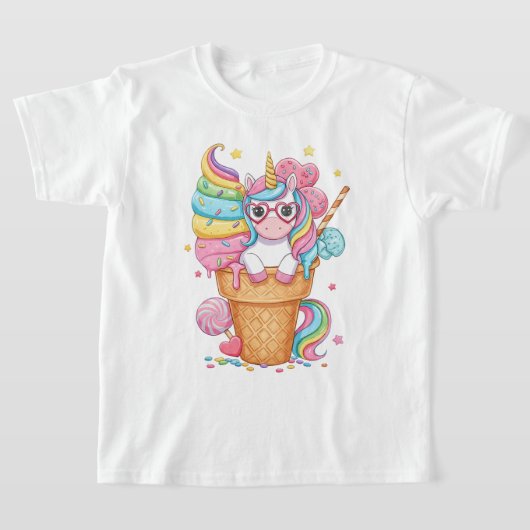 アイスクリームコーンの中の可愛いユニコーンイラスト Tシャツ (レイダウン)