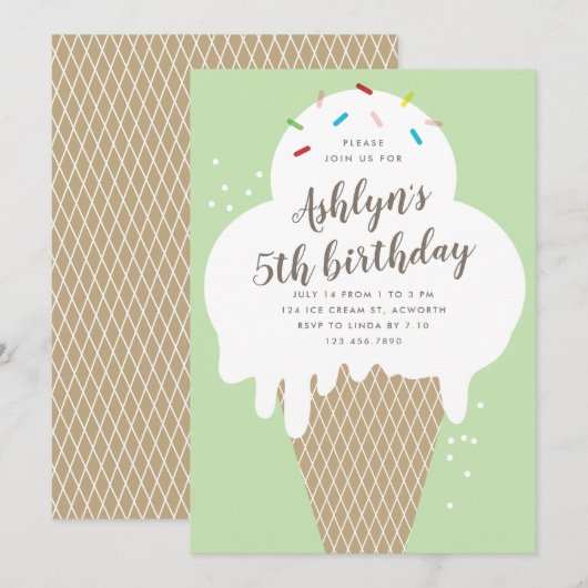 アイスクリームコーンの子供たちの緑の誕生日パーティー 招待状 (正面/裏面)
