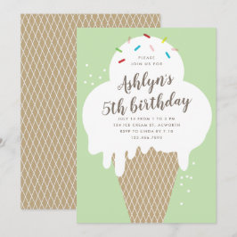 アイスクリームコーンの子供たちの緑の誕生日パーティー 招待状