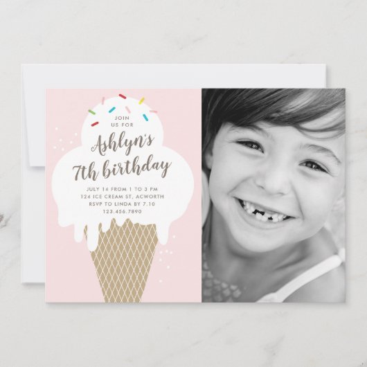 アイスクリームコーンの子供の写真 誕生日パーティー 招待状 (正面)