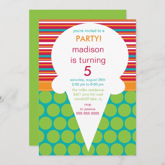 アイスクリームコーンの誕生日の招待状の水玉模様 招待状 (正面/裏面)