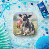 アイスクリームコーンをなめる水彩牛 ペーパープレート (パーティー)