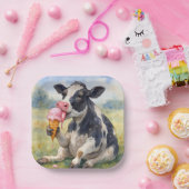 アイスクリームコーンをなめる水彩牛 ペーパープレート (パーティー)