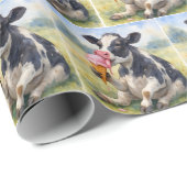 アイスクリームコーンをなめる水彩牛 ラッピングペーパー (ロールコーナー)