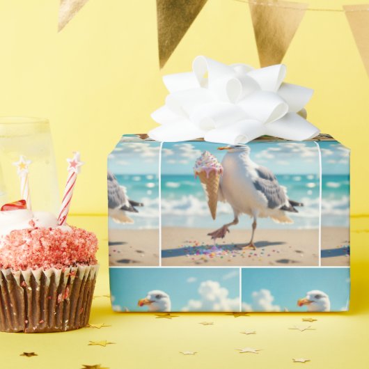 アイスクリームコーンを持つカモメ ラッピングペーパー (誕生日パーティー)