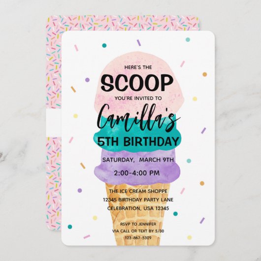 アイスクリームコーンガールバースデーパーティーの招待 招待状 (正面/裏面)