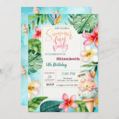 アイスクリームコーンサマーフラワーバースデーパーティー 招待状 (正面/裏面)