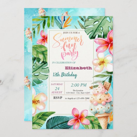 アイスクリームコーンサマーフラワーバースデーパーティー 招待状 (正面/裏面)