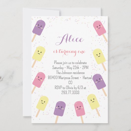 アイスクリームコーンスクープ紙吹雪ピンクバースデーパーティー 招待状 (正面)