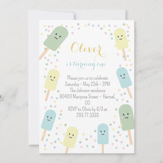 アイスクリームコーンスクープ紙吹雪子供の誕生日パーティー 招待状 (正面)