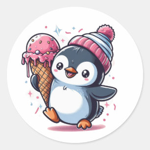 アイスクリームコーンステッカー付きハッピーペンギン ラウンドシール