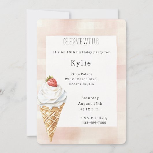 アイスクリームコーンストロベリー誕生日 招待状 (正面)