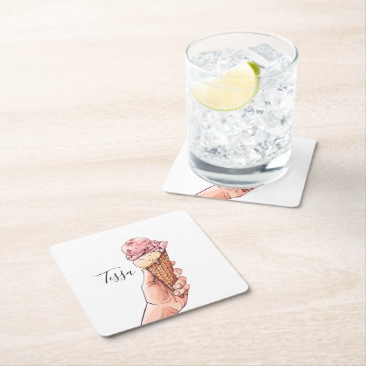 アイスクリームコーンデザインモノグラム名 スクエアペーパーコースター (インサイチュ)