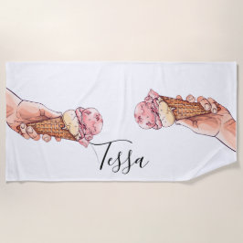 アイスクリームコーンデザインモノグラム名 ビーチタオル