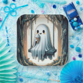 アイスクリームコーン付きハロウィーン幽霊 ペーパープレート (パーティー)