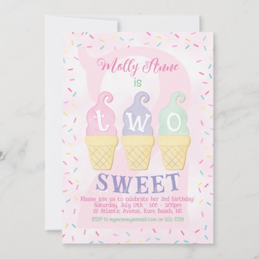 アイスクリームコーン振りかけるパステルピンク2nd誕生日 招待状 (正面)